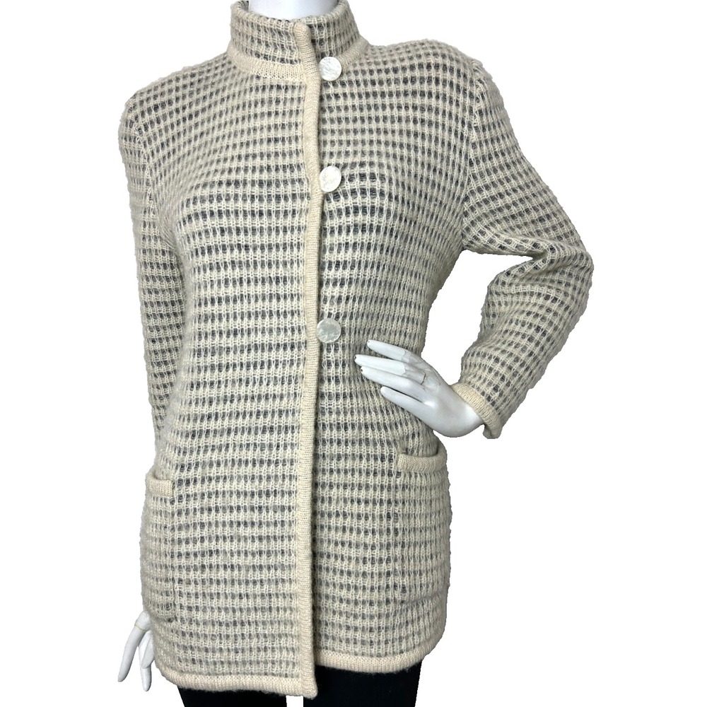 VNTG Maria Krist Mohair Wool Grid Sweater Jacket Small Funnel Neck Pearl Buttons